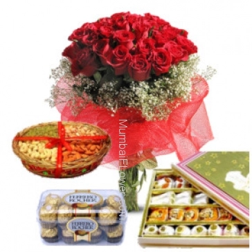 Bunch of 30 Red Roses, Half kg. Dryfruit, 16 pc Ferrero Rocher Chocolate and Half Kg. Mixed Mithai