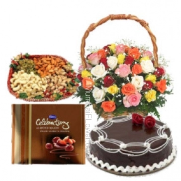 Basket of 30 Mixed Roses, Half kg. Dryfruit, Half Kg. Chocolate Cake and Small Cadbury Celebration