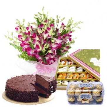 Bunch Of 10 Purple Orchid, 1 kg Chocolate Truffle Cake, Pack of Half Kg. Mixed Mithai, and Ferrero Rocher 16 Pc