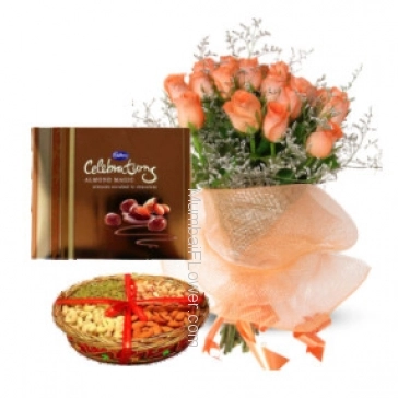 Send Bunch of 20 Orange Roses, Half kg. Dryfruit and  Big Cadbury Celebration Box 