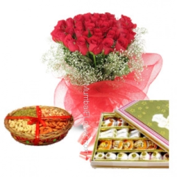 Bunch of 20 Red Roses, Half Kg. Mixed Dry fruits and Half kg. Mixed Assorted Mithai. 
