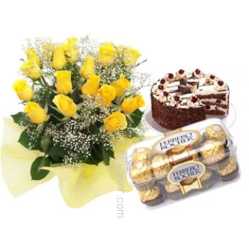 Bunch of 20 Yellow Roses , 16 Pcs Ferrero Rocher Box and Half kg. Black Forest Cake     