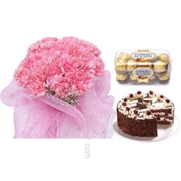 Bunch of 20 Carnations , Half Kg. Black Forest Cake and  Ferrero Rocher ( 16 Pcs ) Box                 
