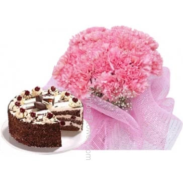Bunch of 20 Pink Carnations & Half Kg. Black Forest Cake .          