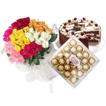 Bunch of 70 stems Of Mixed Roses , Half kg. Black forest Cake & 16 Pcs Ferrero Rocher Box