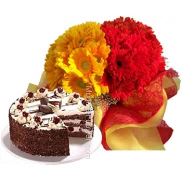 Bunch of 20 Red and Yellow Gerberas , Half kg. Black Forest Cake