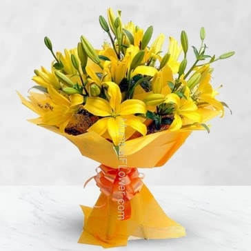 Bouquet of 10 pc Asiatic Yellow Lilies nicely decorated with fillers and Ribbons. Please note : we may substitute color in case of unavailibility