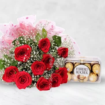 Bunch of 12 Red Roses nicely decorated with filler and ribbons with 16pc Fererro Rocher Box