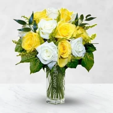 Glass Vase with 20 White and Yellow Roses nicely decorated with filler and greens 