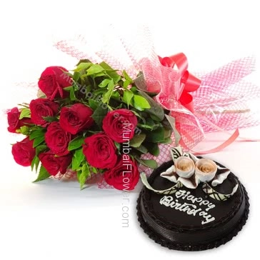 Bunch of 10 Red Roses with fillers and ribbons and Half Kg. Chocolate Cake 