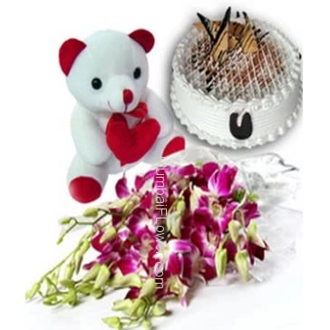 Bunch of 10 Purple Orchids and 6 inch teddy with Half kg. Vanilla Cake. Please note: this item is not available all the time.  