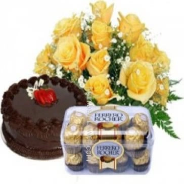 Bunch of 10 Yellow Roses and Half kg. Chocolate Truffle cake and 16pc Ferrero Rocher Chocolate