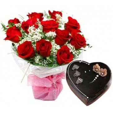 Bunch of 15 Red Roses nicely decorated with fillers ribbons and 1 kg. Heart Shape Chocolate Truffle cake. Please note: this item is not available in all areas.