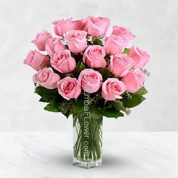 Glass Vase with 20 Pink Roses nicely decorated with fillers and Greens