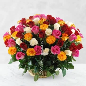 Basket of 60 Mixed Roses nicely decorated with fillers and Greens