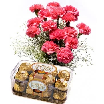 Bunch of 15 Pink Carnation nicely decorated with fillers and ribbons and 16pc Ferrero Rocher Chocolate