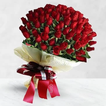 Bunch of 100 Red Roses nicely decorated with fillers and ribbons