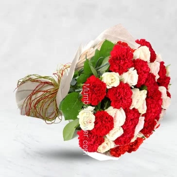 Bunch of 15 Red Carnation and 15 White Roses nicely decorated with fillers and ribbons