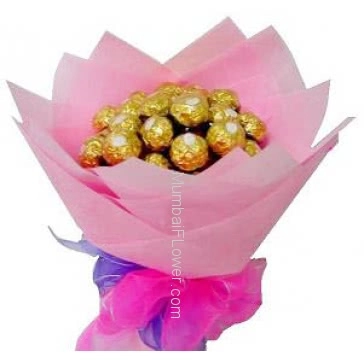 Chocolate Hand Bouquet of 24pc Ferrero Rocher Chocolates nicely decorated with ribbons... Please color of paper n design will be changed on final shipping