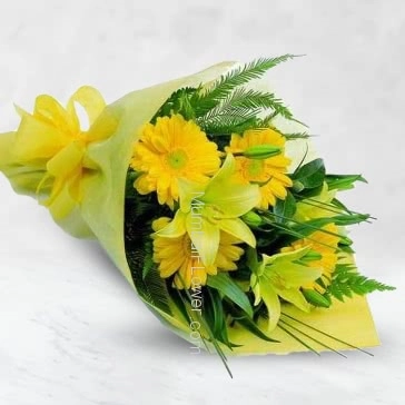 Bunch of 15 Yellow Gerberas ,2 pc Asiatic Yellow Lilies nicely decorated with fillers and ribbons...Yellow paper packing
