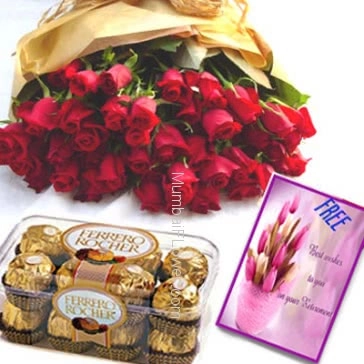 Bunch of 40 Red Roses, 16pc Ferroro Rocher Chocolate and Small Greeting  card