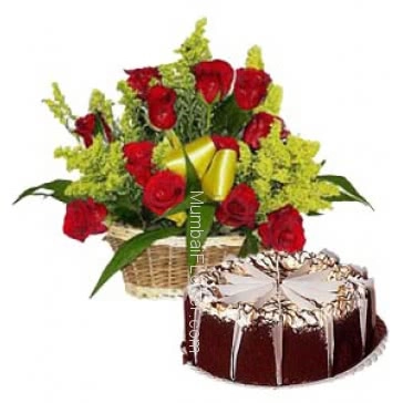 Basket of 20 Red Roses with Half kg.Black forest cake