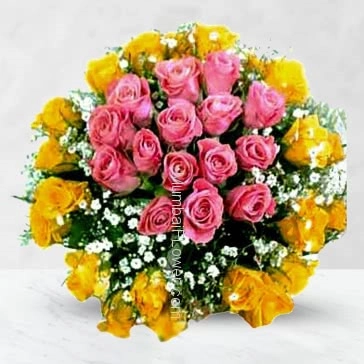 Bunch of 40 Pink and Yellow Roses nicely decorated with fillers and ribbons