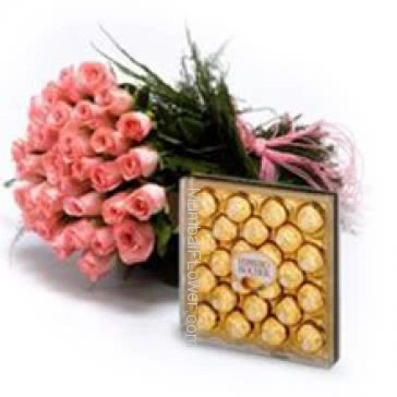 Bunch of 30 Pink Roses and 24pc Ferroro Rocher Chocolate