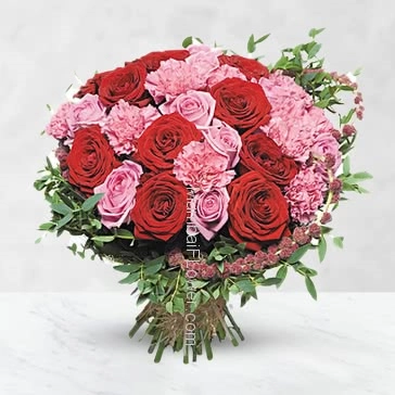 Bunch of 15 pink Carnation and 15 red Roses nicely decorated 