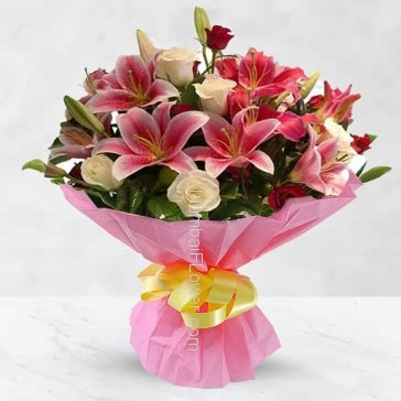 Bunch of 6 pc Asiatic Pink lilies, 10 White roses and 10 red roses nicely decorated 