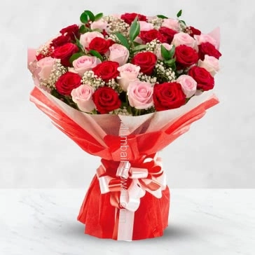 Bunch of 30 Pink and Red Roses nicely decorated with fillers and ribbons