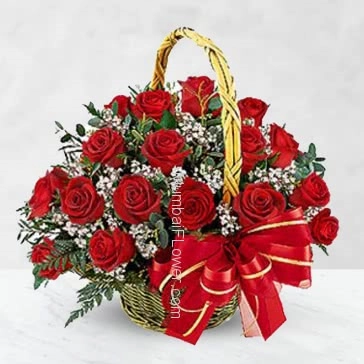 Basket of 30 Red Roses nicely decorated with fillers and greens