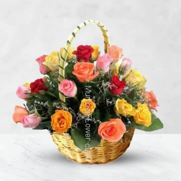 Basket of 20 Mixed colored roses nicely decorated with fillers and greens