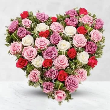 Heart Shape Arrangement of 60 Red, Pink, and White roses nicely decorated with fillers and greens