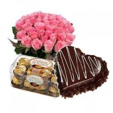 Bunch of 20 Pink Roses with 1 KG.Heart Shape Chocolate Truffle cake and 16pc Ferroro Rocher Chocolate
