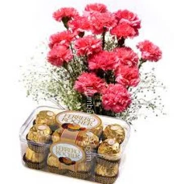 Bunch of 12 Pink carnation nicely decorated with 16pc Ferroro Rocher Chocolate