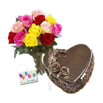 Bunch of 12 Mixed colored roses and 1 kg.Heart shape chocolate cake with simple greeting card 