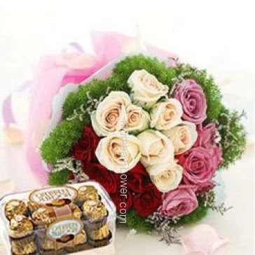Bunch of 30 Pink, Red and White Roses nicely decorated with 16pc Ferroro Rocher Chocolate