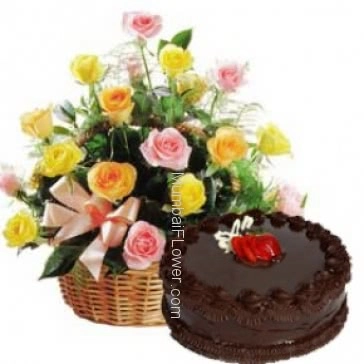 Basket of 20 Pink and Yellow roses nicely decorated with Half kg.Chocolate Truffle Cake 
