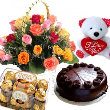 Basket of 20 mixed roses with 16pc Ferroro Rocher Chocolate with Half kg.chocolate truffle cake and 6 inch teddy