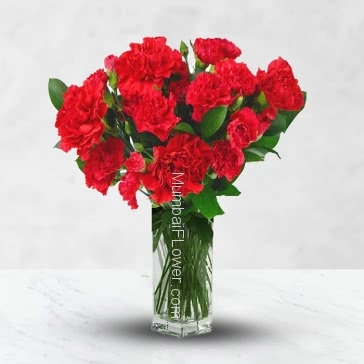 Glass vase with 15 Red carnation nicely decorated with greens