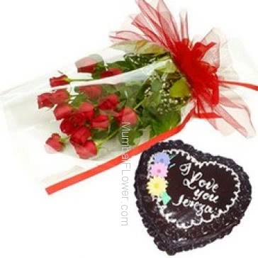 Bunch of 15 Red Roses nicely decorated with 1 kg. Heart shape Chocolate  cake 