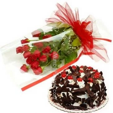 Bunch of 12 Red Roses nicely decorated with half kg. Black forest cake 