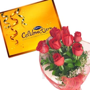 Bunch of 12 Red Roses nicely decorated with Big Cadbury celebration 