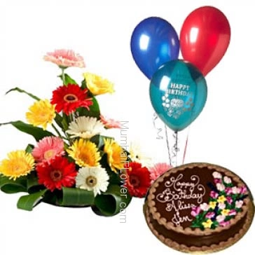 Arrangement of 15 mixed colored gerberas nicely decorated with half kg. chocolate cake and balloons 