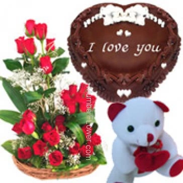 Arrangement of 30 red roses nicely decorated with 1 kg. chocolate cake and 6 inch teddy