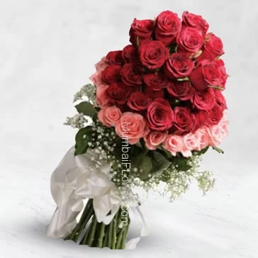 Bunch of 50 Pink and red roses nicely decorated with fillers and ribbons