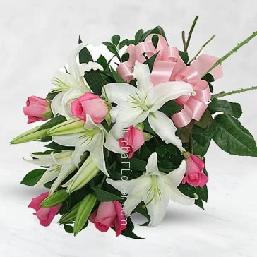 Bunch of 5 pc Asiatic White lilies and 10 pink roses nicely decorated with fillers and ribbons