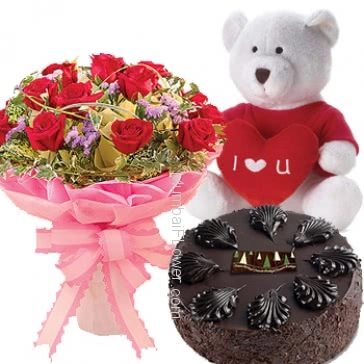 Bunch of 20 red roses nicely decorated with half kg. chocolate truffle cake and 12 inch teddy