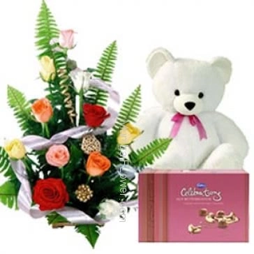 Arrangment of 15 Mixed Roses with Box of Cadbury Celebration and  6 Inches Teddy.